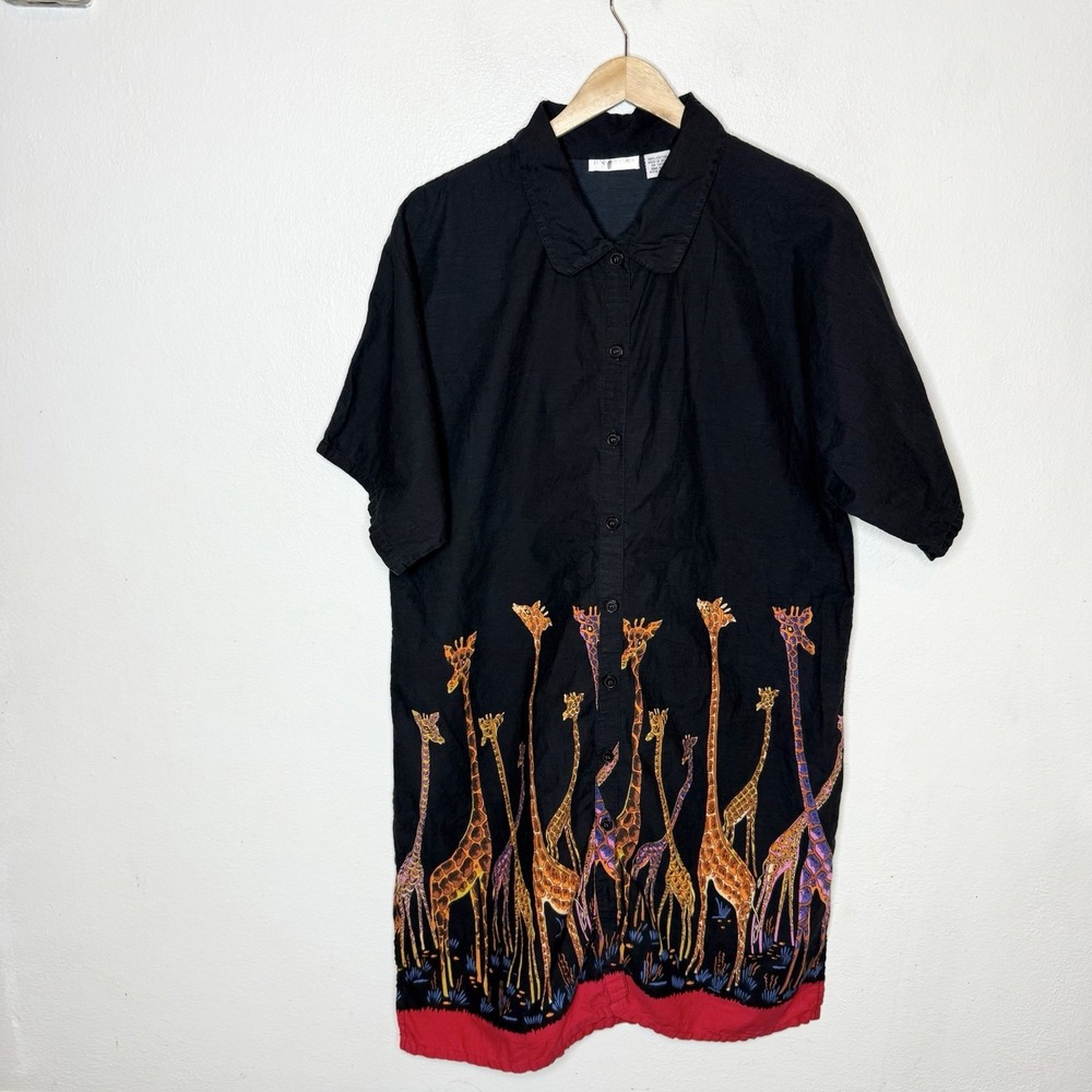 Fundamentals Giraffe Button Front‎ Shirt Dress Safari Artsy Art To Wear One Size